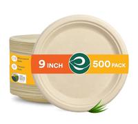ECO SOUL 100% Compostable 9 Inch Paper Plates 500 [4x125 Pc] Disposable Heavy Duty Eco-Friendly Sturdy Dinner, Wedding, Event Plates I Biodegradable Unbleached Sugarcane Eco Plates