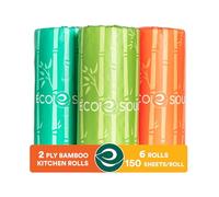 ECO SOUL 100% Compostable Bamboo Kitchen Paper Towel Set of 6 Rolls | 2Ply with 900 Sheets, 150 Sheet Each | Eco-Friendly Soft Paper Towel, Kitchen Towel