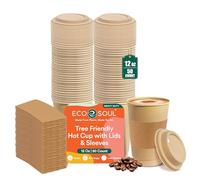 ECO SOUL 100% Compostable Coffee Cups with Lids & Sleeves - 355 ml (12 oz), 50 Pack | Leak-Resistant, Eco-Friendly Disposable Cups for Hot & Cold Drinks, Takeaway, Events & Parties