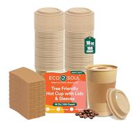 ECO SOUL 100% Compostable Coffee Cups with Lids & Sleeves - 473 ml (16 oz), 100 Pack | Leak-Resistant, Eco-Friendly Disposable Cups for Hot & Cold Drinks, Takeaway, Events & Parties