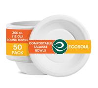 ECO SOUL [350 ml, 50 Pack Disposable Bagasse Bowls | Eco-Friendly, Biodegradable, Sugarcane Paper Bowls | for Serving Snacks & Dinner | Birthday, Wedding & Party | Round, White