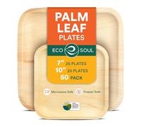 ECO SOUL 50 Palm Leaf Square Plates | 25 Large Dinner Plates, 25 Small Appetizer Plates|Eco-Friendly Compostable Bamboo Plate Disposable Dinnerware for Thanksgiving Dinner, Party & Wedding