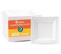ECO SOUL Compostable Small White Paper Plates (15Cm) 6 Inch [200-Pack] Heavy Duty Disposable Sugarcane Bagasse Square Plates | Eco Friendly Biodegradable Microwave Safe Party Plates