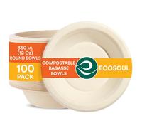 ECO SOUL Disposable Bagasse Bowls 350 Ml (12 Oz), Pack of 100 | Eco-Friendly, Biodegradable Sugarcane Paper Bowls | Round Bowls for Snacks, Dinner, Parties & Events