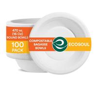 ECO SOUL Disposable Bagasse Bowls 470 Ml (16 Oz), Pack of 100 | Eco-Friendly, Biodegradable Sugarcane Paper Bowls | Round White Bowls for Snacks, Dinner, Parties & Events