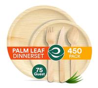 ECO SOUL Palm Leaf Plate Set of 450 for 75 Guests [10", 6" Round Plates 75 Count Each | Fork, Knife, Spoon,100 Count Each] |Biodegradable Disposable Dinnerware for Christmas Dinner & Event