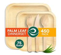 ECO SOUL Palm Leaf Plate Set of 450 for 75 Guests [10", 6" Square Plates 75 Count Each | Fork, Knife, Spoon,100 Count Each] |Biodegradable Disposable Dinnerware for Christmas Dinner & Event