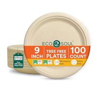 ECO SOUL Paper Plates (23Cm) 9" [100-Pack] Compostable Heavy Duty Biodegradable Sugarcane Bagasse Round Plates | Eco Friendly Disposable Plates for Christmas Dinner Parties & Events