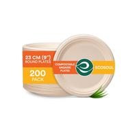 ECO SOUL Paper Plates (23Cm) 9" [200-Pack] Compostable Heavy Duty Biodegradable Sugarcane Bagasse Round Plates | Eco Friendly Disposable Plates for Dinner, Parties & Events