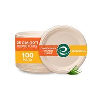 ECO SOUL Paper Plates (25Cm) 10" [100-Pack] Heavy Duty Compostable Sugarcane Bagasse Dinner Plates | Eco Friendly Biodegradable Disposable Plate for Christmas Dinner, Parties & Events