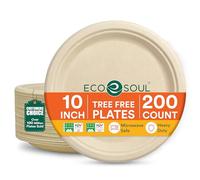 ECO SOUL Paper Plates (25Cm) 10" [200-Pack] Heavy Duty Compostable Sugarcane Bagasse Dinner Plates | Eco Friendly Biodegradable Disposable Plate for Christmas Dinner, Parties & Events