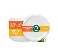 ECO SOUL Paper Plates (25Cm) 10" [200-Pack] Heavy Duty Compostable Sugarcane Bagasse Dinner Plates | Eco Friendly Biodegradable Disposable Plate for Dinner, Parties & Events(White)