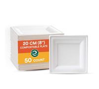 ECO SOUL Pearl White Paper Plates 8" Square 50 Count| Compostable Biodegradable Bagasse Plate Heavy-Duty Eco-Friendly Dinner Plates I Disposable Plate for Christmas Parties & Event