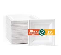 ECO SOUL Square Paper Plates (25Cm) 10" [50-Pack] Heavy Duty Compostable Sugarcane Bagasse Dinner Plates | Eco Friendly Biodegradable Disposable Plate for Thanksgiving Dinner, Parties & Events