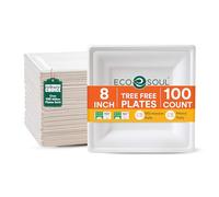 ECO SOUL White Paper Plates 8" Square 100 Count| Compostable Biodegradable Bagasse Plate Heavy-Duty Eco-Friendly Dinner Plates I Disposable Plate for Parties & Event