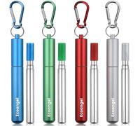 Ecoangel Cruise Ship Essentials,4-Pack reusable Collapsible Stainless Steel Drinking Straws with Aluminum Case,Cleaning Brush,and Keychains-Silver,Blue,Red,Green