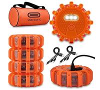Ecoangel USB-C Rechargeable LED Road Flares Emergency Lights-Large Capacity (Lithium Battery) 3 in 1 Cable Roadside Warning Car Safety Beacon Flashing Disc Flare Kit with Magnetic Base for Vehicles