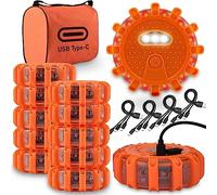 Ecoangel USB-C Rechargeable LED Road Flares Emergency Lights-Large Capacity (Lithium Battery) 3 in 1 Cable Roadside Warning Car Safety Beacon Flashing Disc Flare Kit with Magnetic Base for Vehicles