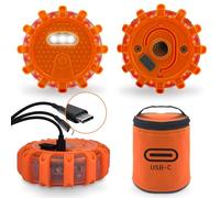 Ecoangel - USB-C Rechargeable LED Roadside Emergency Lights, Large Capacity (Lithium Battery), 3 in 1 Cable, Road Warning, Flashing Disc Kit with Magnetic Base for
