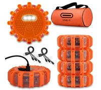 Ecoangel - USB-C Rechargeable LED Roadside Emergency Lights, Large Capacity (Lithium Battery), 3 in 1 Cable, Road Warning, Flashing Disc Kit with Magnetic Base for
