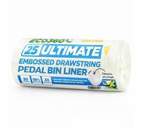 EcoBag - 25 Pack Vanilla Scented Ultimate Embossed Kitchen Drawstring Pedal Bin Liners - 30L - 15 Microns - 98% Recycled, Eco-Friendly, Hassle-Free Waste Disposal (510 x 600mm)