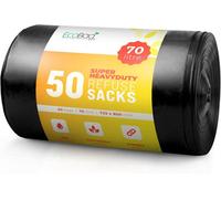 Ecobag 50 Pack Black Heavy Duty Refuse Sacks 736 X 990 mm 35 Micron 70L Recyclable, Leak Resistant