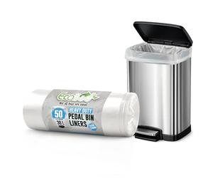 EcoBag - 50 Pack Heavy Duty White Bin Liners - 30L - 15 Microns - Extra Strong, Leak-Proof, Tear-Resistant Bags for Pedal Bins, Kitchen, Home & Office