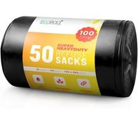 EcoBag - 50 Pack Super Strong Heavy Duty Refuse Sacks - Recyclable Bags, Leak Resistant, Durable Waste Disposal Bags For Wheelie Bins, Large Household Bins, Garden&Bulky Waste, 35 Micron (Μm)/100l