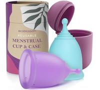 EcoBlossom Reusable Menstrual Cup with Case, Medical-Grade Silicone, Large Size, 2-Pack with Round Stem, Purple and Blue