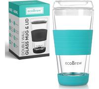 ecoBrew Glass Reusable Coffee Cups | Double Walled Insulated Cup for Hot and Cold Drinks | 16oz / 450ml Eco-Friendly Travel Coffee Mug with Secure Silicone Lid | Bright Aqua
