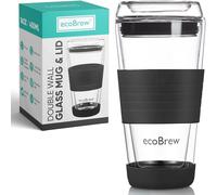ecoBrew Glass Reusable Coffee Cups | Double Walled Insulated Cup for Hot and Cold Drinks | 16oz / 450ml Eco-Friendly Glass Travel Coffee Mug with Lid | Black