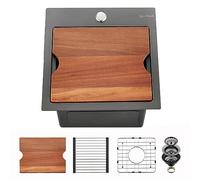 EcoChannels Kitchen Sink, 15 x 15 x 10 inch Kitchen Sinks Small Bar Prep Sink 16 Gauge Gunmetal Black Drop in Kitchen Sink Single Bowl Workstation Sink with Cutting Board