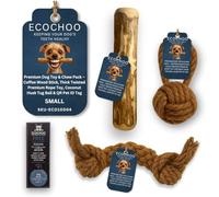 EcoChoo Premium Dog Toy & Chew Pack - Coffee Wood Chew Stick, Thick Twisted Premium Rope Toy, Coconut Husk Tug Ball & QR Pet ID Tag - Natural, Durable & Eco-Friendly Set (Small)