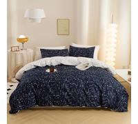 ECOCOTT Duvet Cover King, 3 Pieces 100% Natural Cotton 1 Duvet Cover +2 Pillowcases Bedding Set,Navy and Cosmic Constellation Reversible Printed Pattern Breathable and Durable Duvet Cover King Size
