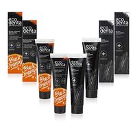 Ecodenta Charcoal Toothpaste, Teeth Whitening Toothpaste I Naturally Whitens Teeth and Removes Plaque I Black Natural and Black Orange Plaque Removal Fluoride Free Toothpaste, Multipack 4x100ml