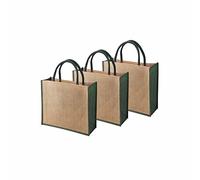 Ecoduka® Classic Supermarket Jute Shopper Bag with Coloured Gussets, Eco Hessian Shopping Bag with Coloured Short Padded Handles | Sustainable Reusable Market Bag | UK Supplier (Green, 5 Pack)