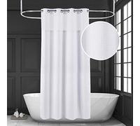 Ecoehoe 71x86 White Waffle Weave Fabric No Hooks Shower Curtain with Removable Polyeste Liner - Heavy Duty Bath Curtain with See Through Top Machine Washable