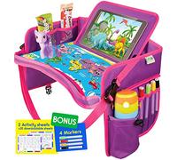 ECOFANTASY Kids Travel Tray - Waterproof Lap Table with No-Drop Large Tablet Holder - Car Seat Tray - Road Trip Essentials Kids - Car Desk Organizer for Airplane - Toddler Travel Essentials (Pink)