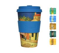 Ecoffee Cup 14oz 400ml Van Gogh Collection Reusable Eco-Friendly 100% Plant Based Coffee Cup with Silicone Lid & Sleeve - Melamine Free Dishwasher/Microwave Safe Travel Mug (Yellow House)