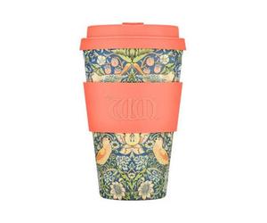 Ecoffee Cup 14Oz 400Ml William Morris Design Reusable Eco-Friendly 100% Plant Based Coffee Cup With Silicone Lid, Strawberry Thief