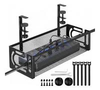 EcoFirst Under Desk Cable Management Tray No Drill Clamp Mount - Carbon Steel Mesh Wire Organiser for Standing Desk, Home, Office - Heavy Duty Basket with Side Access Design and Protective Pads, Black
