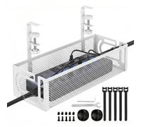 EcoFirst Under Desk Cable Management Tray No Drill Clamp Mount - Carbon Steel Mesh Wire Organiser for Standing Desk, Home, Office - Heavy Duty Basket with Side Access Design and Protective Pads, White