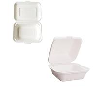 EcoFlavour Disposable Clamshell Takeaway Strong Burger Boxes - 6x6 Inches - White - Set Of 50 - Biodegradable, Compostable, Recyclable Bagasse Food Containers/Lunch boxes
