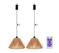 EcoGehen 2 x Boho Pendant Lamp with Battery Remote Control Ceiling Light without Electricity Battery Operated Pendant Light Rattan Umbrella Lampshade Waterproof Lamp for Balcony Party Christmas Gift