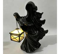 EcoGleam Faceless Ghost Hell Messenger Statue with LED Lantern Light Resin Ghost Holding Lantern Figurine Spooky Halloween Decor Ornament Indoor Outdoor Garden Patio Yard Party Decoration