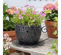 EcoGleam Metal Teacup Flower Planter Vintage Hollow Floral Pattern Coffee Cup Planter Pot with Saucer Handle Garden Decor