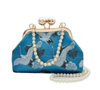 EcoGleam Women Retro Embroidered Crane Clutch Bags Multi-Purpose Pearl Beaded Chain Shoulder Bag Elegant Seashell Evening Pouch Outdoor Travel Parties Dating Handbag (Blue)