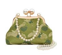 EcoGleam Women Retro Embroidered Crane Clutch Bags Multi-Purpose Pearl Beaded Chain Shoulder Bag Elegant Seashell Evening Pouch Outdoor Travel Parties Dating Handbag (Green)