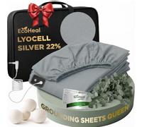 ECOHEAL Luxury Lyocell Grounding Sheets Queen 22% Silver Fiber, 74% Cooling Lyocell, 4% Silk, Quality Certified - Conductive Earth Fitted Sheet 15" Deep w/Wash Bag & Wool Dryer Balls, Cloud Gray