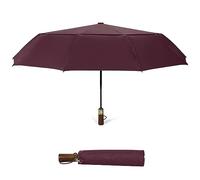 ECOHUB Travel Umbrella Windproof Strong With Compact Foldable, Automatic Open/Close, 10 Sturdy Ribs, Recycled PET Fabric, Wooden Handle & Ventilated Waterproof Canopy - Anti-Lost Sleeve, Red